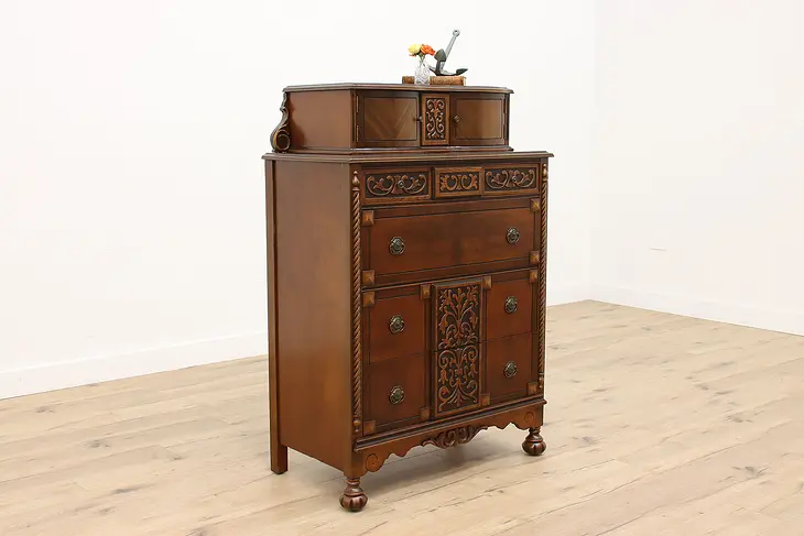 Tudor Design Antique Carved Walnut & Birdseye Maple Tall Chest or Dresser #43108