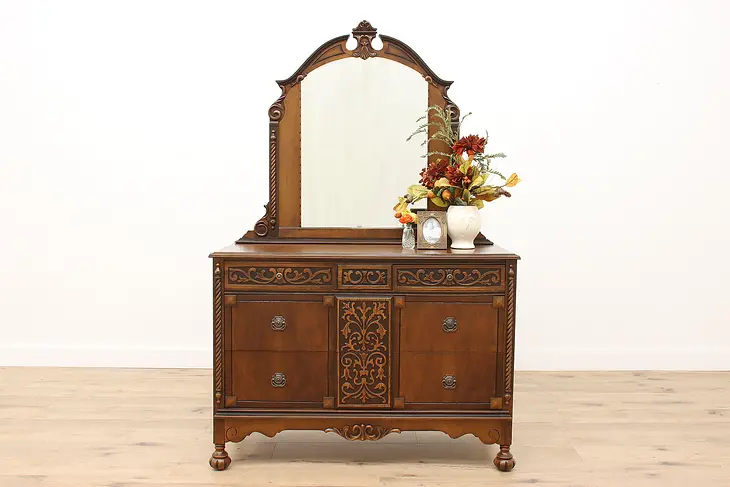 Tudor Design Antique Carved Walnut Dresser or Low Chest with Mirror #43109