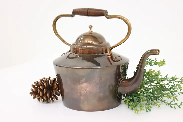 Farmhouse Vintage Solid Copper Large Tea Kettle with Mahogany Handle #43184