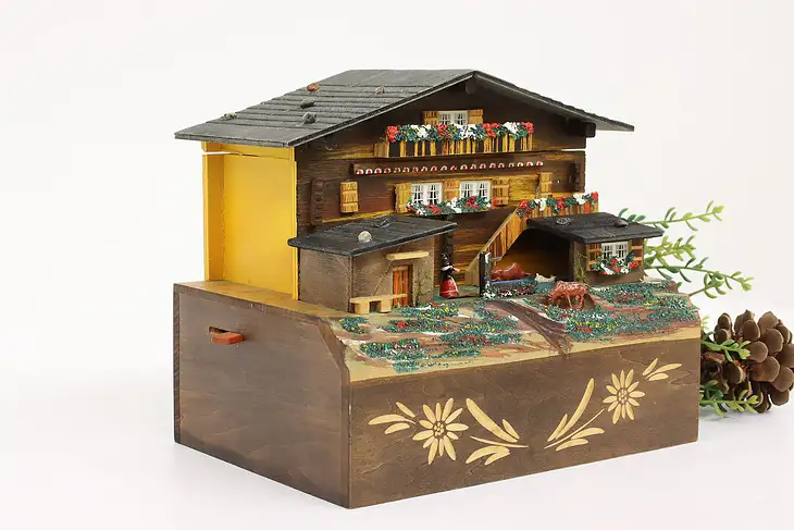 Swiss Folk Art Vintage Mechanical Music & Jewelry Box, Farmhouse & Yard #42918