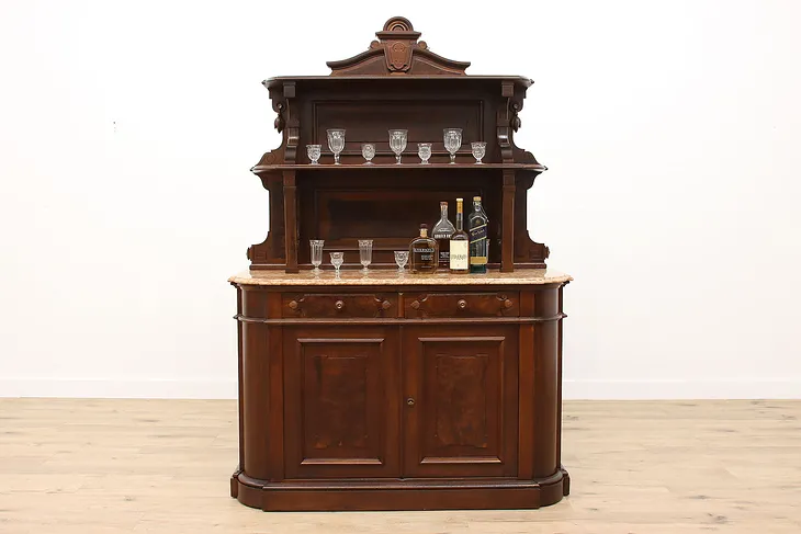 Victorian Eastlake Antique Walnut Sideboard, Bar Cabinet, Marble Top #42737