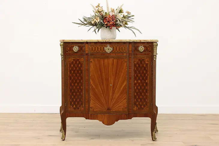 French Antique Marquetry & Marble Chest, Console or Bar Cabinet #42609