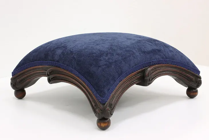 Art Nouveau Antique Carved Walnut Footstool, New Velvet Upholstery #43133