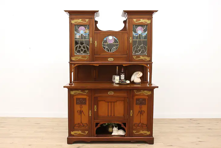 Art Nouveau Antique Cherry Bar Cabinet, Sideboard, Server, Leaded Glass #42716