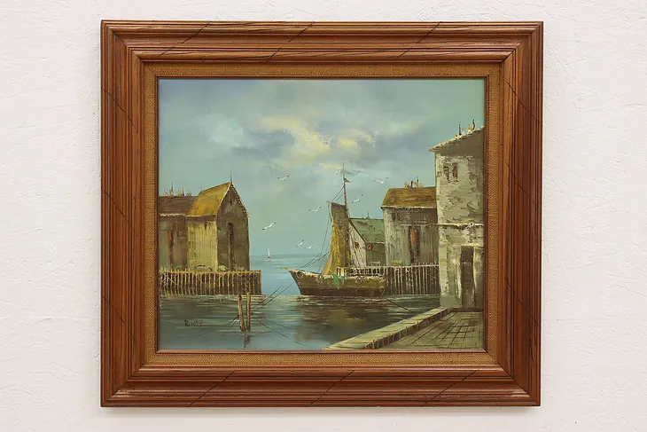 Ocean Harbor with Sailboat Vintage Original Oil Painting, Kay 32.5" #43134