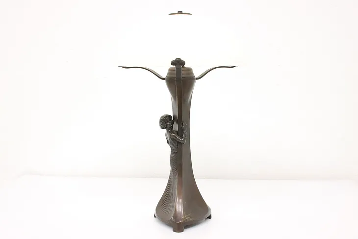 Art Nouveau Style Vintage Bronze Glass Shade Office or Library Lamp #43199
