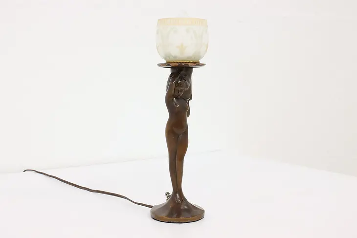 Art Nouveau Vintage Nude Woman Statue Lamp, Etched Art Glass Shade #42744