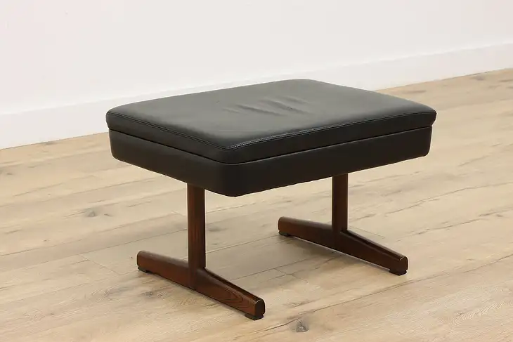 Midcentury Modern Vintage Leather & Rosewood Ottoman Bench Stool, Vatne #42388