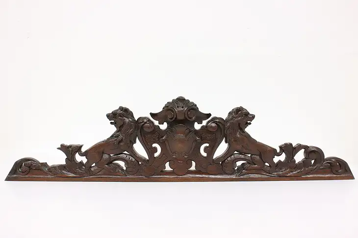 Renaissance Antique Architectural Salvage Oak Crest with Carved Lions #43194