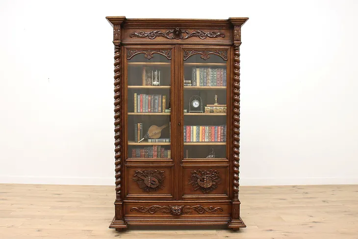 Black Forest Antique Renaissance Carved Oak Office or Library Bookcase #42623