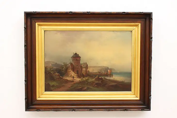 Medieval Fortress & Lake Antique Victorian Chromolithograph, Signed 47" #43227