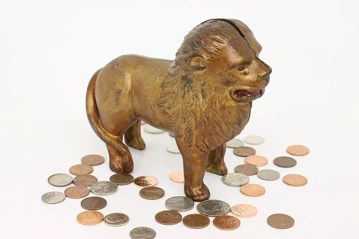 Cast Iron Antique Lion Sculpture Coin Bank  #43168