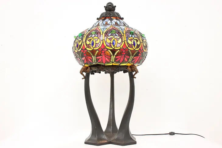 Stained & Leaded Glass Dome Shade Vintage Office or Library Lamp  #42487