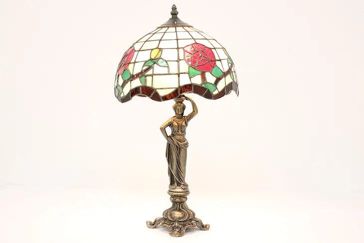 Stained & Leaded Glass Vintage Office Library Lamp Figural Base #42132