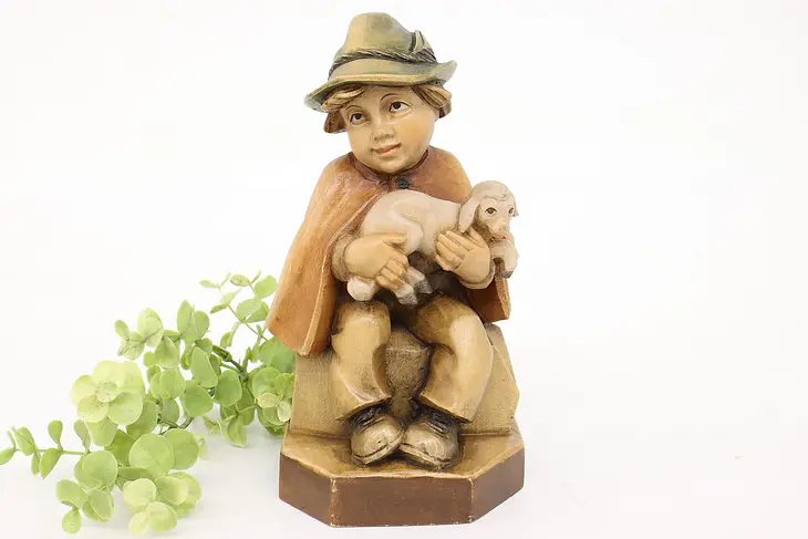 Swiss Hand Carved Vintage Folk Art Statue Child with Lamb Sculpture #40942