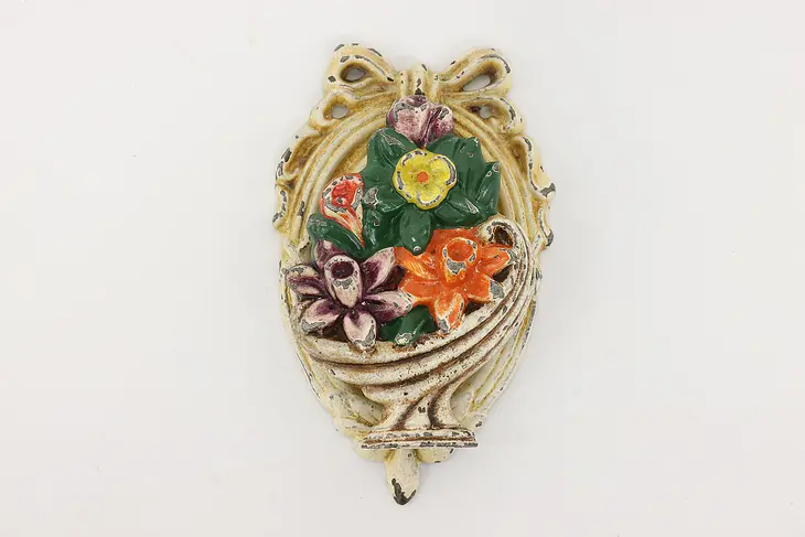 Victorian Salvage Antique Cast Iron Painted Flower Basket Door Knocker #42432