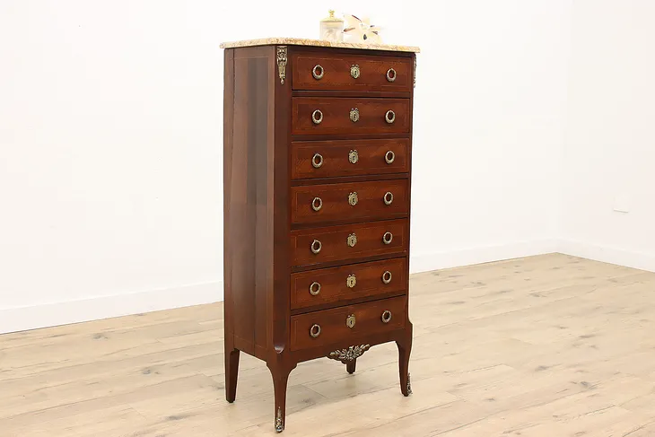 French Antique Rosewood & Mahogany Lingerie Chest Semainier, Marble Top #38964