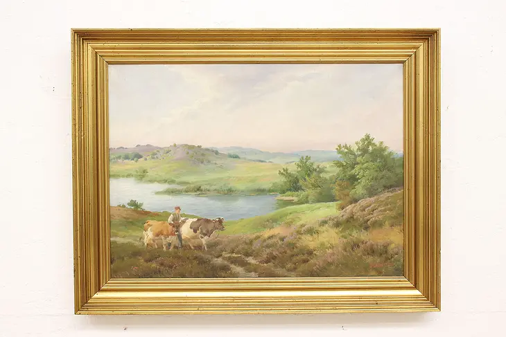 Farmer with Cows in Meadow Vintage Original Oil Painting, Skodstrup 31.5" #42576