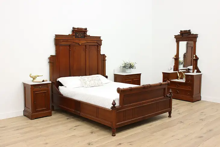 Victorian Eastlake Antique Walnut & Marble 4 Pc Bedroom Set, Queen Bed #42965