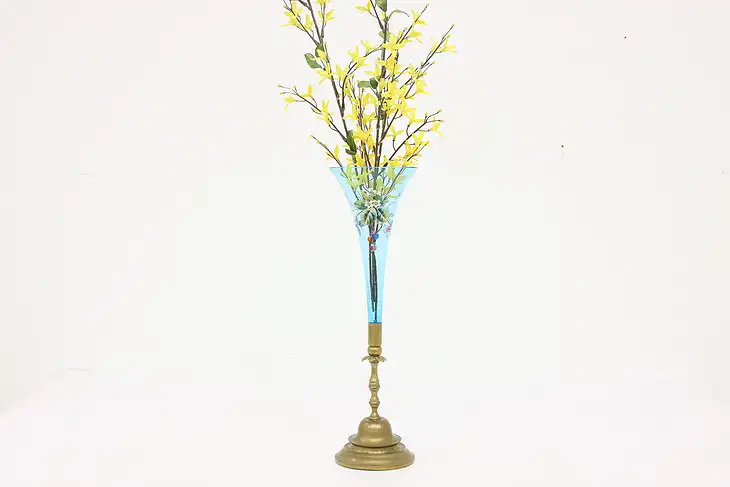 Victorian Antique Brass & Blue Glass Vase or Epergne, Floral Motifs #43315