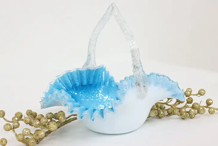 Victorian Antique Blue & Opal Art Glass Blown Basket Sculpture #43332