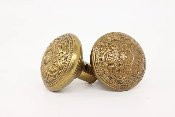 Pair of Victorian Eastlake Antique Embossed Bronze Salvage Doorknobs #43283