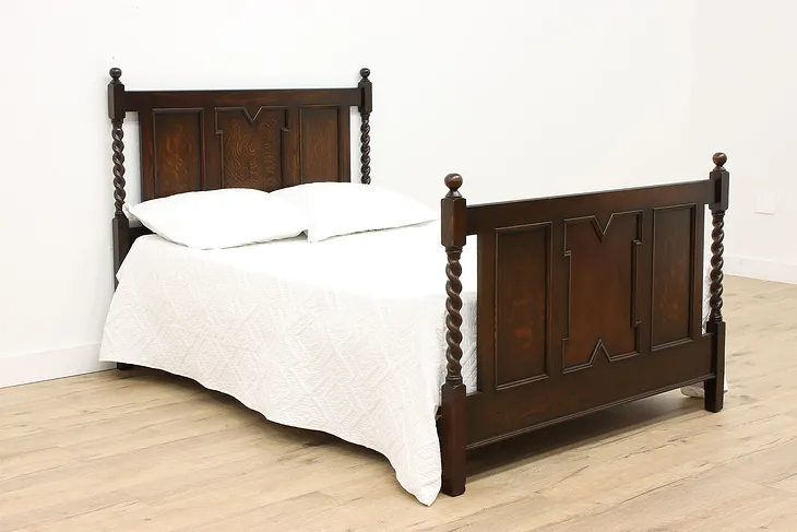 English Tudor Design Antique Carved Oak Full Size Bed, Spiral Columns #35739