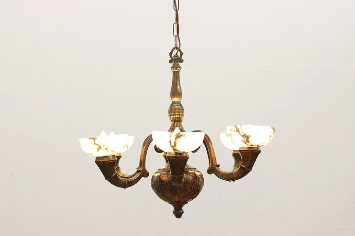 Arts & Crafts Antique 6 Light Copper Chandelier, Carved Alabaster Shades #43053