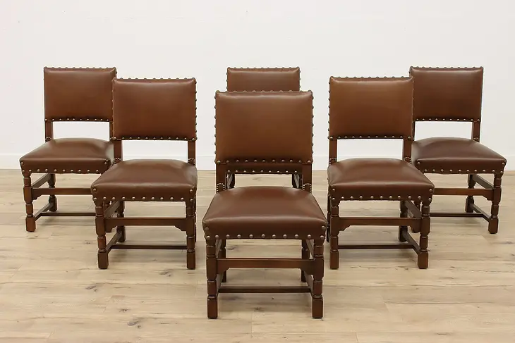 Set of 6 Traditional Antique Oak & Leather Dining Chairs, Brass Studs #42057