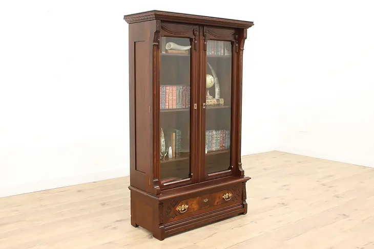 Victorian Eastlake Antique Walnut & Burl Office or Library Bookcase #43107