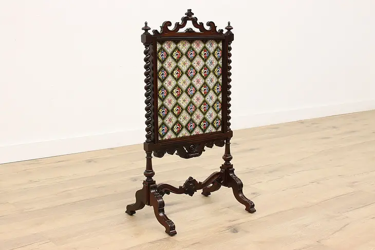 Victorian Antique English Rosewood Adjustable Fire Screen, Needlepoint #42720