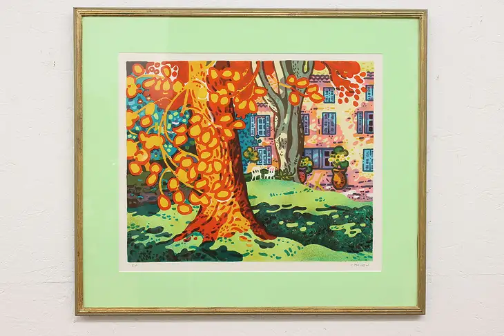 Fall Garden in Backyard Vintage Original Serigraph, Guy Charon 32" #43037