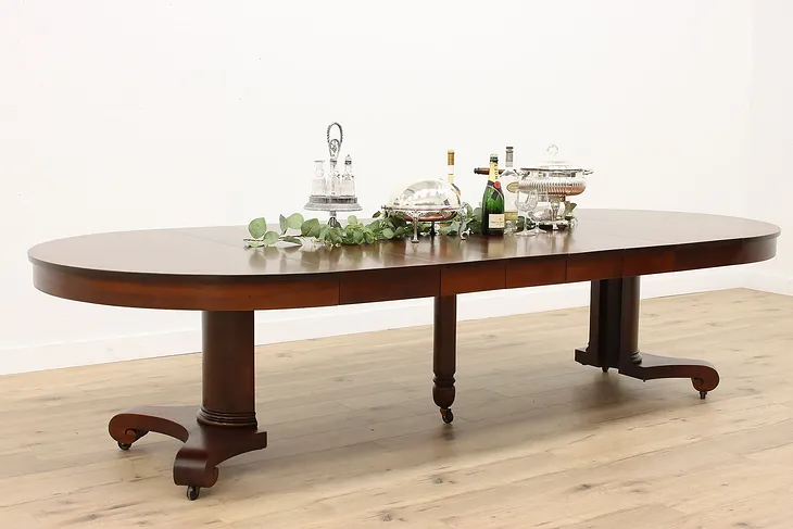 Empire Antique Round 54" Mahogany Dining Table, 6 Leaves Extends 10' #42701