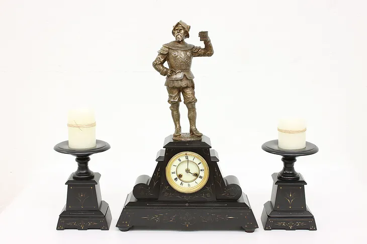 French Antique 3 Pc Black Marble Statue Mantel Clock Set, Marti #35334
