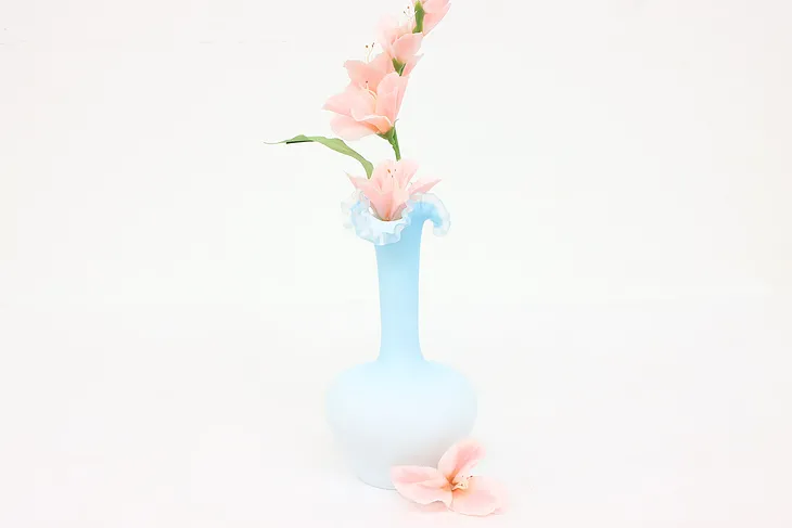 Victorian Antique Blue Satin Glass Vase Opal Cased #43316
