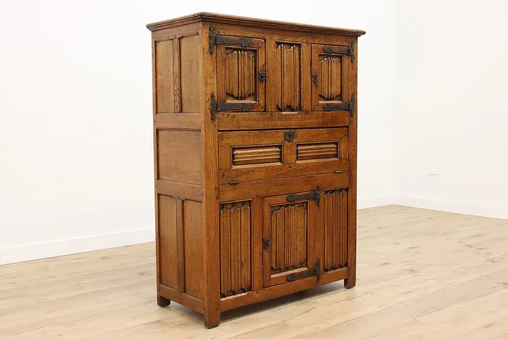 Dutch Oak 1840 Antique Oak Bar or Library Cabinet,  Linen Fold Panels #43421