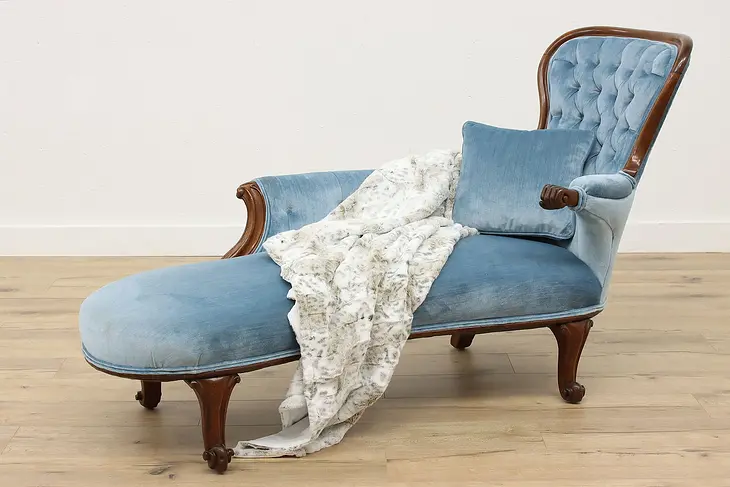 Victorian Antique Walnut Chaise Lounge, Fainting Couch, Recamier, Velvet #43340