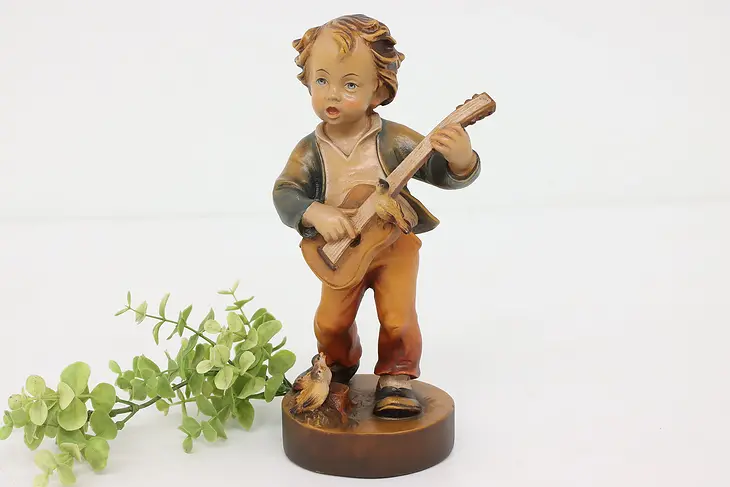 Swiss Hand Carved Vintage Folk Art Statue, Boy Playing Guitar Sculpture #43424