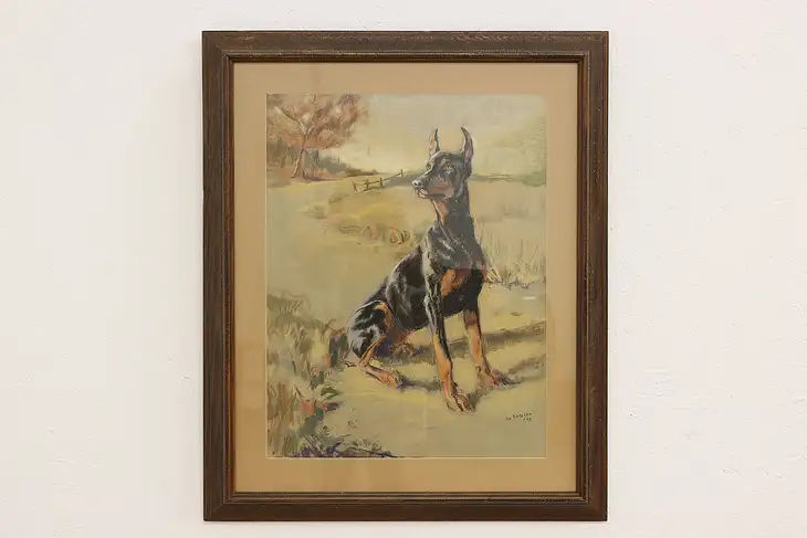 Doberman Dog Vintage Original Pastel Painting, Kussler 34.5" #42545