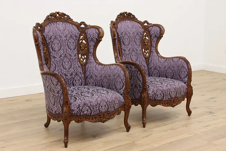Pair of French Vintage Music Room Wing Chairs, Cherubs & Doves #36091