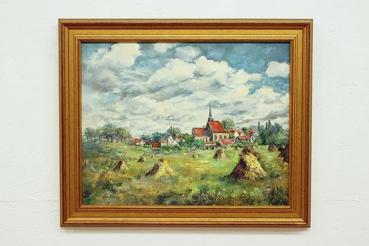 Country Village with Church Vintage Original Oil Painting, Knowles 34" #43144