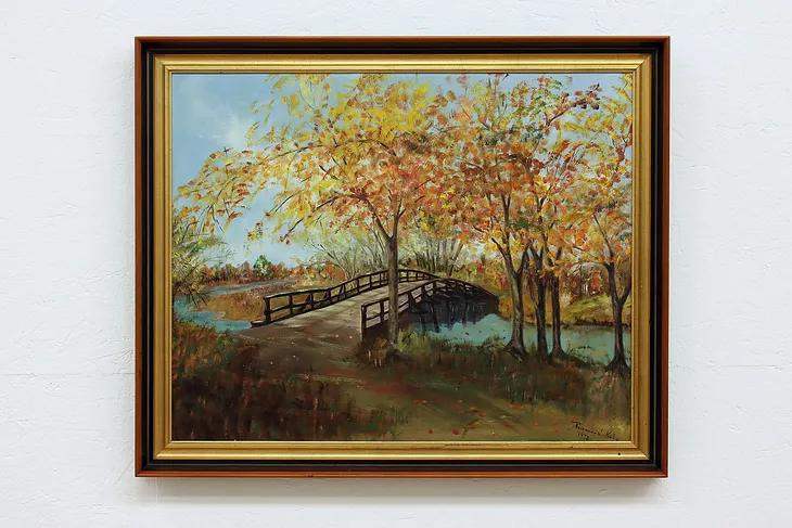 Wood Bridge & Fall Forest Vintage Original Oil Painting, Kuhn 34" #42924