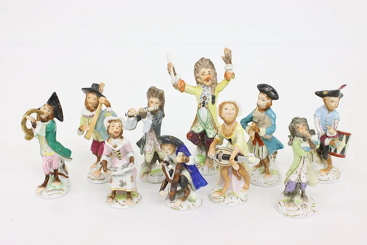 Set of 10 Antique Hand Painted Porcelain Monkey Band Figurines, Dresden #42102