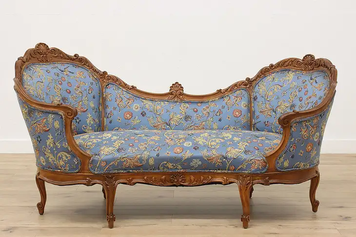 French Vintage Carved Birch Chaise, Sofa or Settee, Recent Upholstery #43276