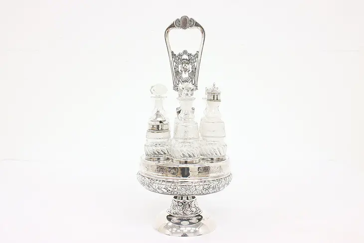 Victorian Silverplate Antique Crystal Cruet Castor Condiment Set, Wilcox #41506