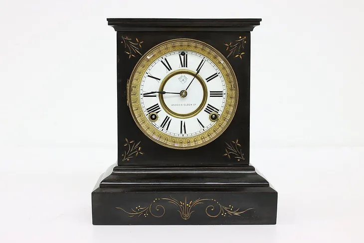 Victorian Antique Iron Mantel Clock, Porcelain Dial, Ansonia NY #43344