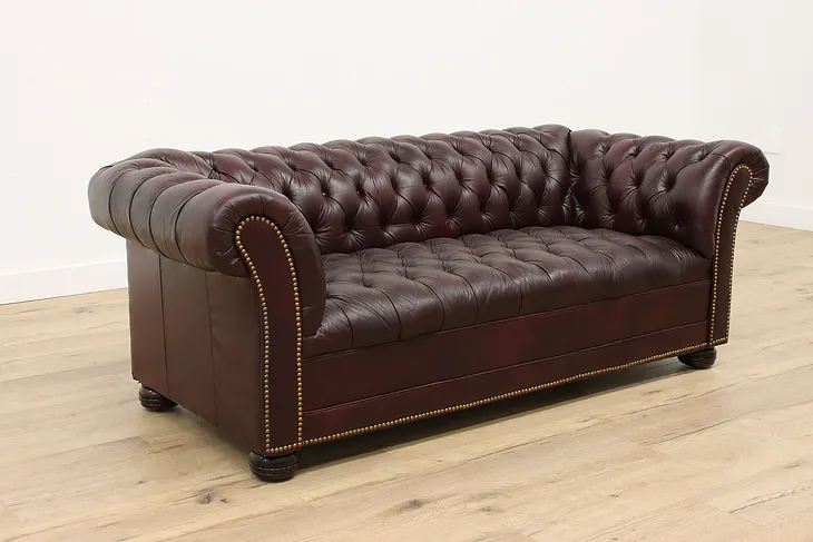Chesterfield Tufted Leather Vintage Burgundy Sofa, Brass Nailhead Trim #35206