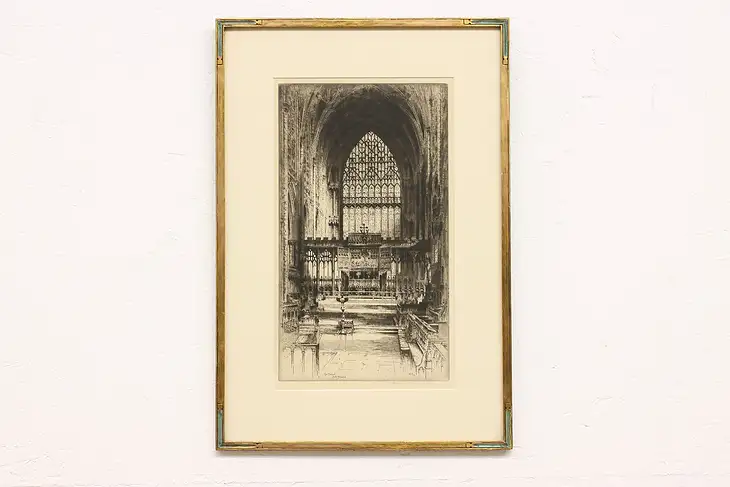 York Minster Cathedral Yorkshire Antique Original Etching, Howarth 23.5" #42649