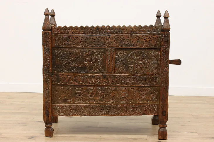Bali Hand Carved Pine Antique marriage or Dowry Chest, Sliding Door #35103