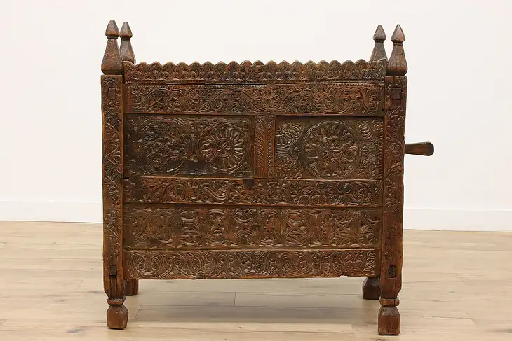 Bali Hand Carved Pine Antique marriage or Dowry Chest, Sliding Door #35103